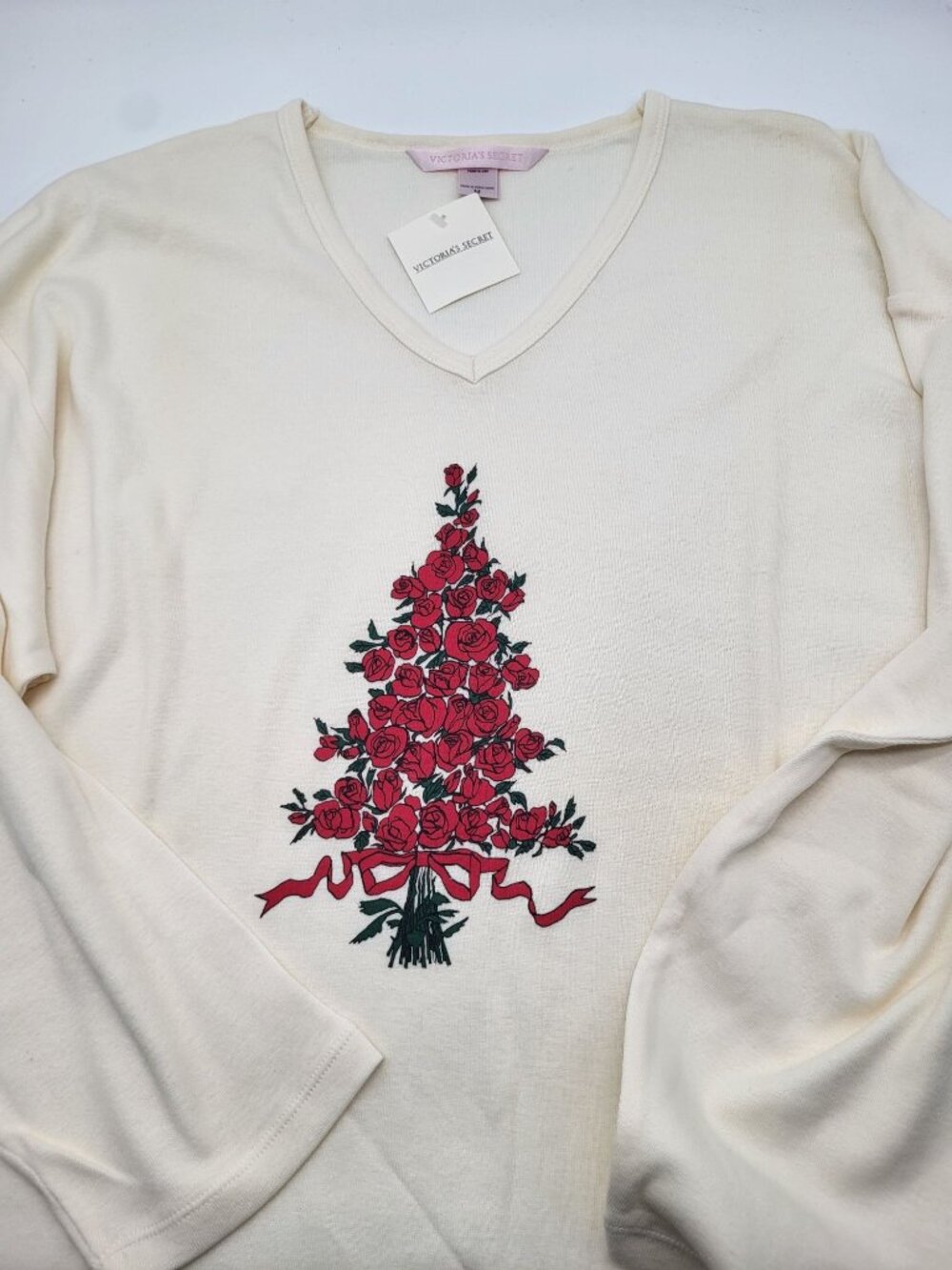 Victoria's Secret SZ M y2k vintage cream Long Sleeve V-Neck Nightshirt Rose Tree - Picture 8 of 9
